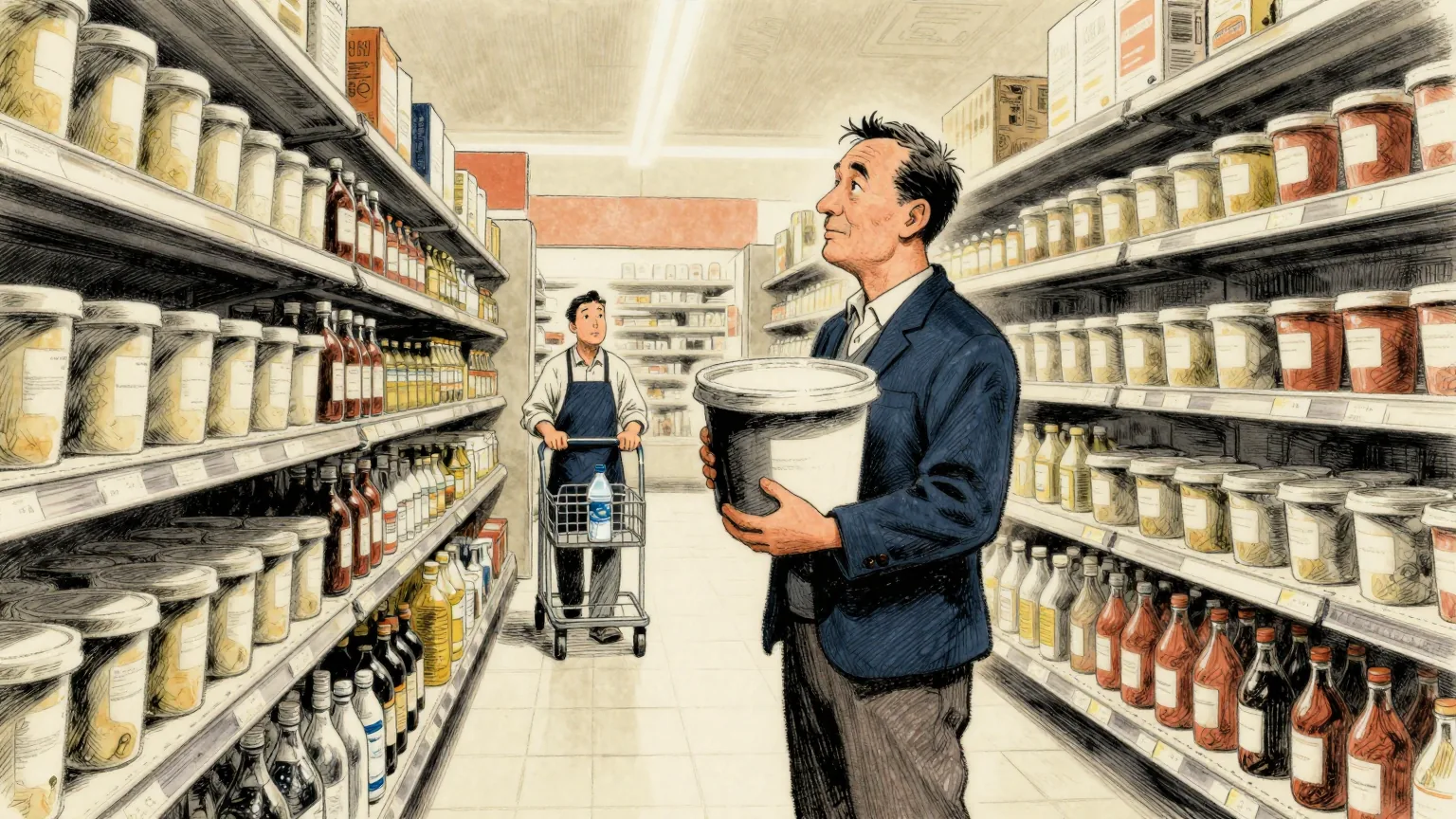 Editorial cartoon illustration: A supermarket shopper stands in a brightly lit aisle holding a very large tub in both arms, looking at the shelf. The shelves on either side are lined with identical plain tubs and bottles stretching away down the aisle. Behind the shopper, a member of staff in an apron pushes a trolley carrying one single small bottle of water.