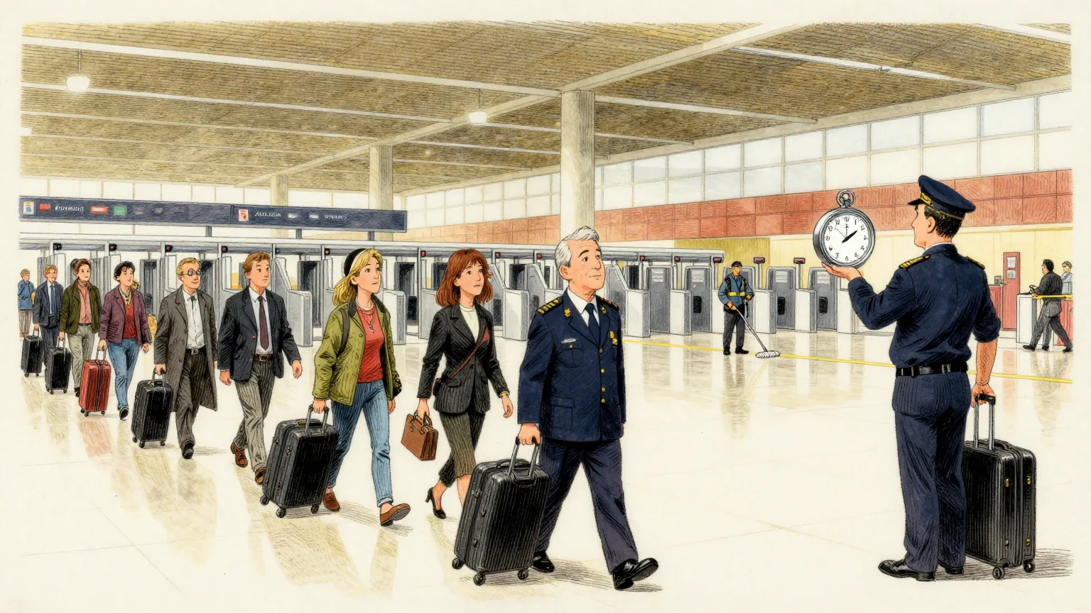 Editorial cartoon illustration: Travellers with wheeled suitcases stride briskly through an enormous bright new border hall with very high ceilings and long rows of empty automated gates. One official in uniform stands at the side holding a large stopwatch at arm's length and watching it rather than the crowd. A single cleaner pushes a mop across the vast polished floor in the far distance.