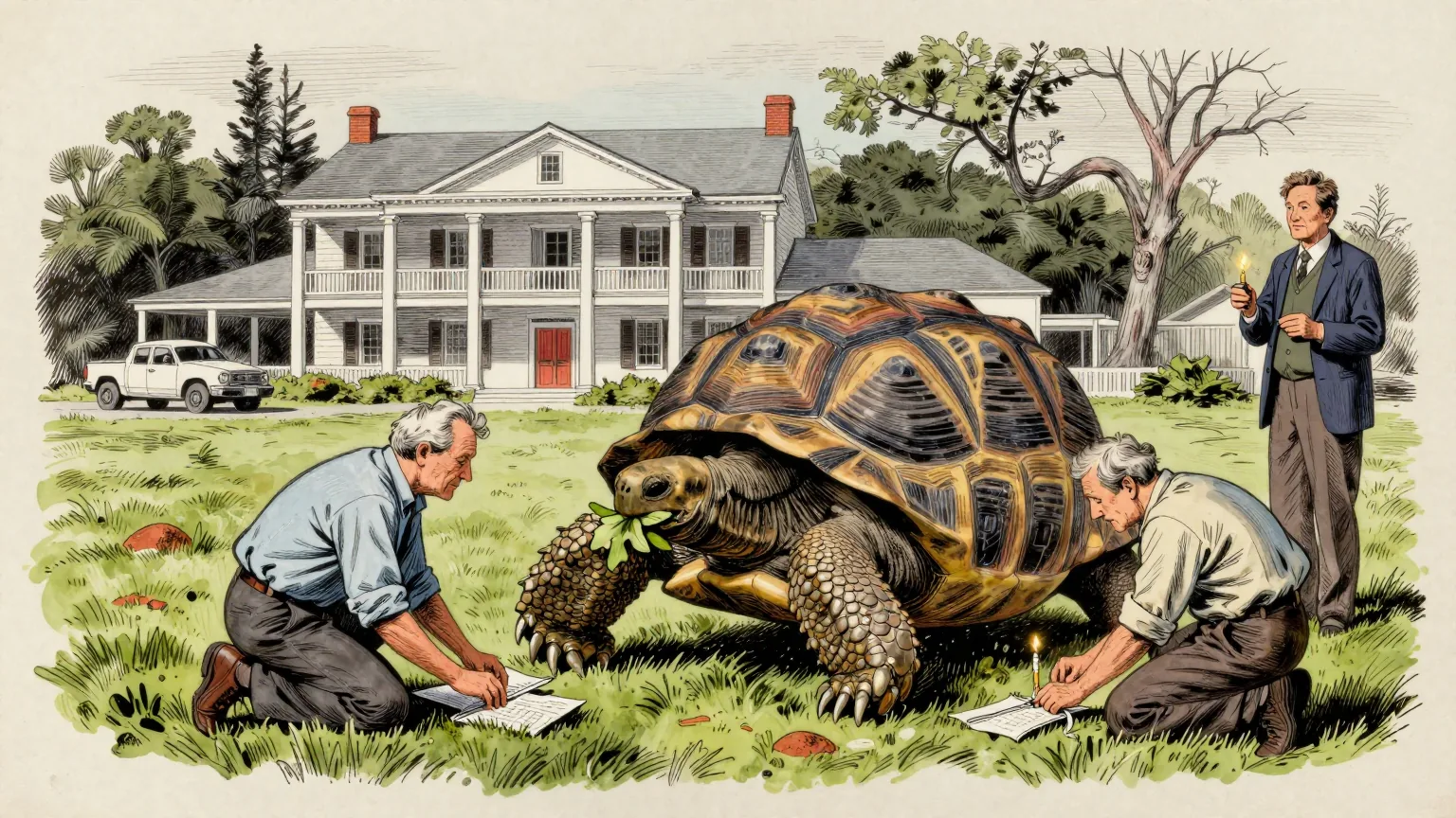 Editorial cartoon illustration: An enormous elderly tortoise sits on a clipped lawn in front of a white colonial governor's residence on a windswept South Atlantic island, chewing a leaf. Two researchers in shirtsleeves kneel on the grass on either side of him, measuring the length of his shell with a cloth tape. A third person stands a little apart holding one small unlit birthday candle and nothing else.