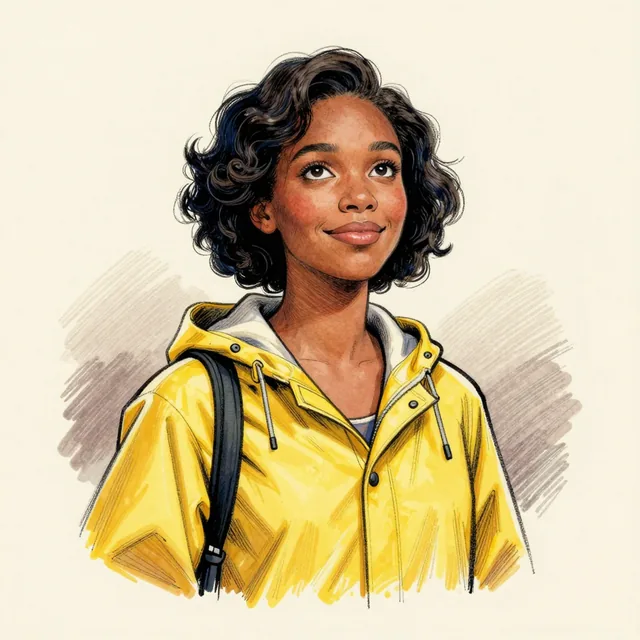 Editorial portrait illustration: A cheerful woman in her thirties with short natural curly hair and warm brown skin, wearing a bright yellow raincoat with the hood down and a folded black umbrella under one arm. She glances up at the sky with professional suspicion.