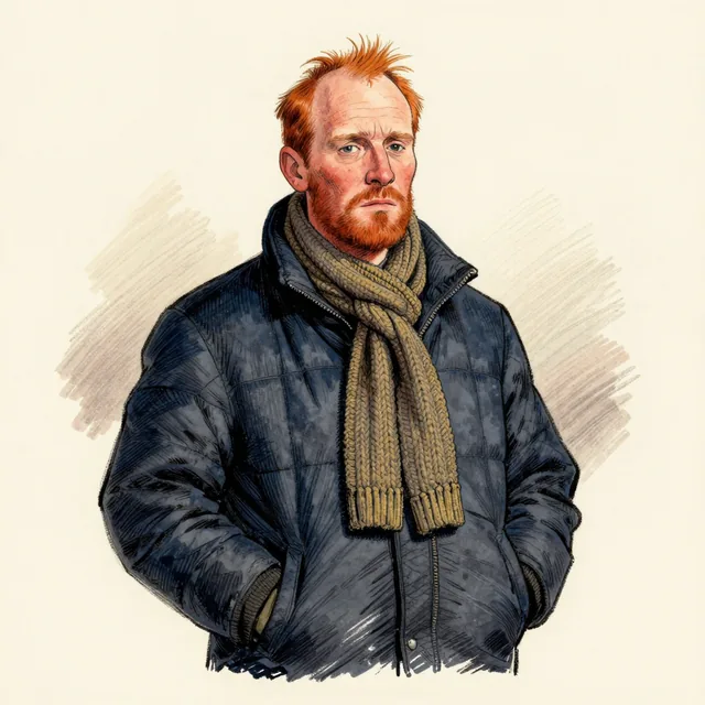 Editorial portrait illustration: A ruddy-faced man in his late forties with thinning ginger hair and a sturdy build, wearing a quilted winter jacket and a long knitted scarf. He stands in cold weather with his hands in his pockets and an expression of weary conviction.