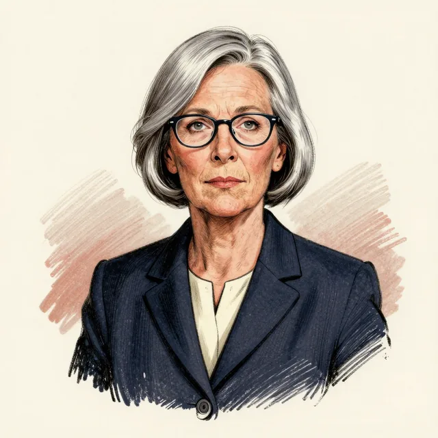 Editorial portrait illustration: A woman in her early sixties with a sharp silver bob and half-moon spectacles low on her nose, wearing a dark navy blazer over a cream blouse. She looks straight at the viewer with an expression of patient scepticism, one eyebrow slightly raised.