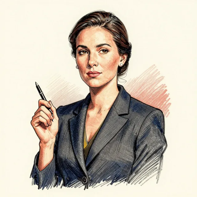 Editorial portrait illustration: A composed woman in her forties with dark hair in a neat low bun and small pearl earrings, wearing a charcoal suit jacket. She holds a pen poised between two fingers and wears the calm, unreadable expression of someone who has heard every answer before.