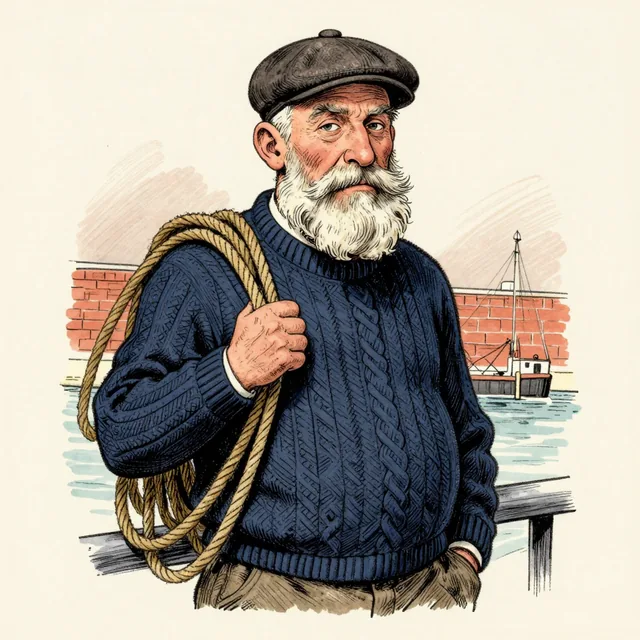 Editorial portrait illustration: A weather-beaten man in his sixties with a thick white beard and bushy eyebrows, wearing a navy cable-knit fisherman's sweater and a flat cap. He stands at a harbour rail with a coil of rope over one shoulder and a knowing squint.