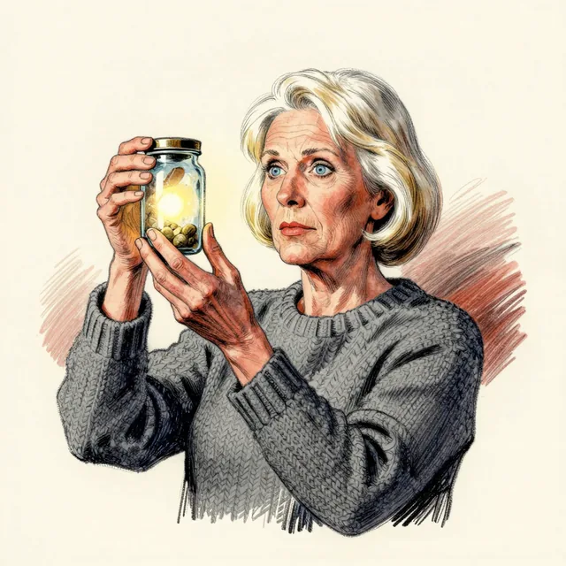 Editorial portrait illustration: A woman in her fifties with short white-blonde hair and pale blue eyes, wearing a heavy grey knitted jumper. She holds a small glass specimen jar up to the light and studies it with intense curiosity.