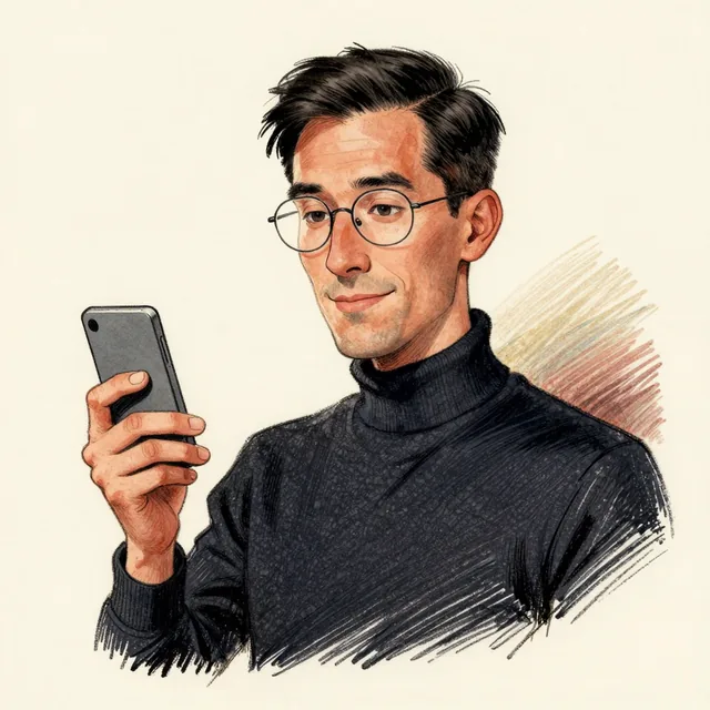 Editorial portrait illustration: A lean man in his late thirties with neat black hair, thin wire-rimmed glasses and a dark turtleneck. He holds a small plain grey gadget between finger and thumb as if waiting for it to explain itself, with a faintly amused expression.