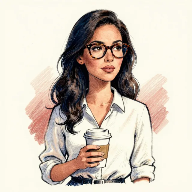 Editorial portrait illustration: A woman in her thirties with long dark wavy hair and tortoiseshell glasses, wearing a crisp white shirt with the sleeves rolled up and holding a paper coffee cup. She glances to one side with the alert look of someone watching a price move.