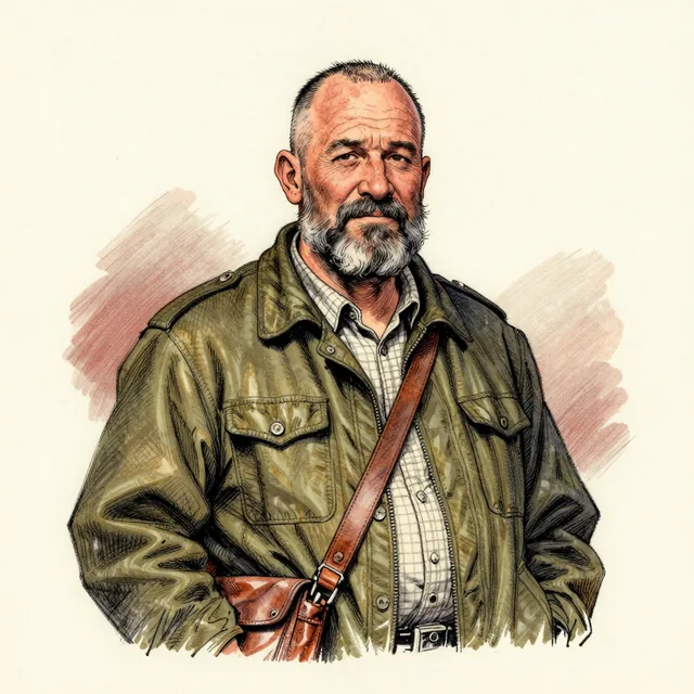 Editorial portrait illustration: A broad-shouldered man in his fifties with a close-cropped grey beard and weathered skin, wearing a rumpled olive field jacket over a checked shirt, the strap of a battered leather shoulder bag across his chest. He has the tired half-smile of someone who has just stepped off a long flight.